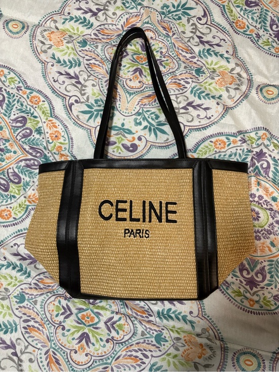 Celine Handbags - Celine Tan Straw Tote with Black Trim and Logo - Japan Thrifted